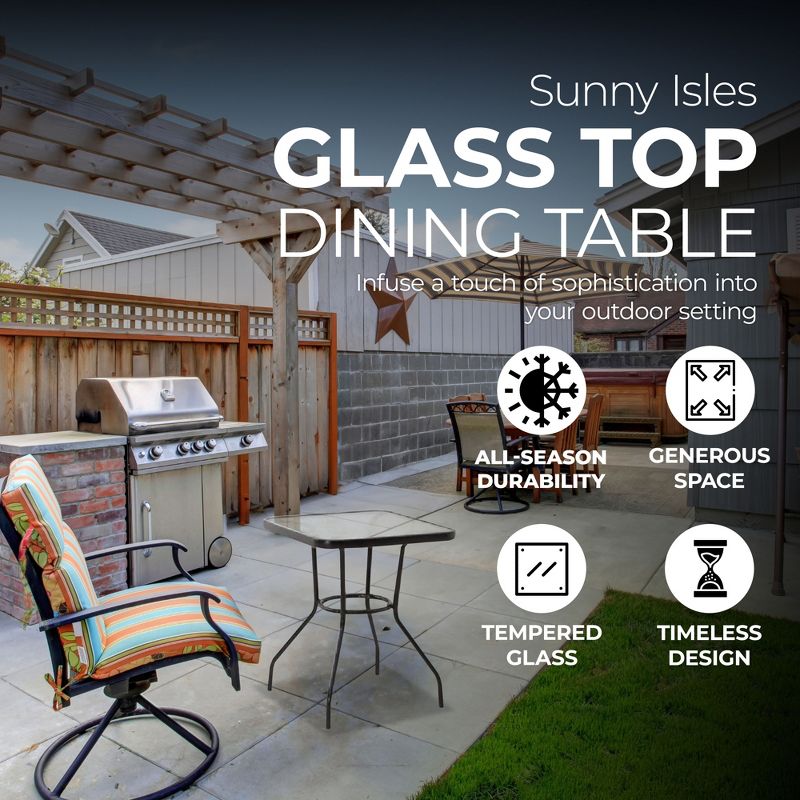 Four Seasons Courtyard Sunny Isles 27 Inch Outdoor Patio Bistro Dining Table Backyard Squared Furniture with Tempered Glass Tabletop, Black, 3 of 7