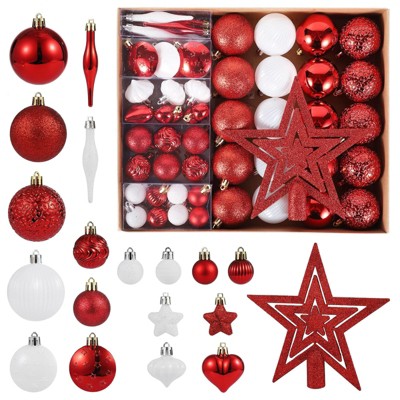 72 Pack Christmas Ornaments Set with Topper & Multi-Size Christmas Ball Ornaments, Red + White Hanging Xmas Tree Decorations