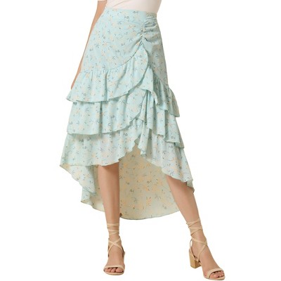 Allegra K Women's Floral Elastic Waist Flowy High Low Hem Layered Ruffle Skirt
