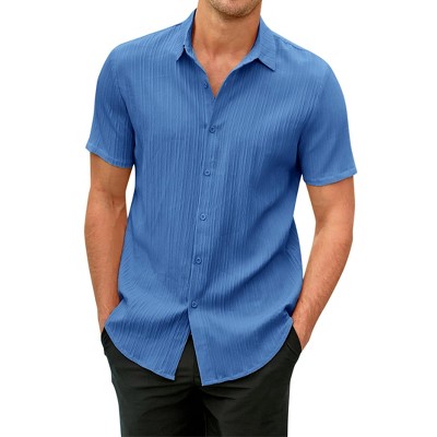 Mens Casual Shirts Short Sleeve Button Down Linen Shirts Fashion Textured Summer Beach Shirt