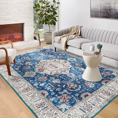 Area Rug Washable Rug Bohemian Vintage Rug Vintage Floor Cover Traditional Rug, 8' x 10' Blue