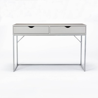 Contemporary Gray Wood Writing Desk with Drawer and Metal Base