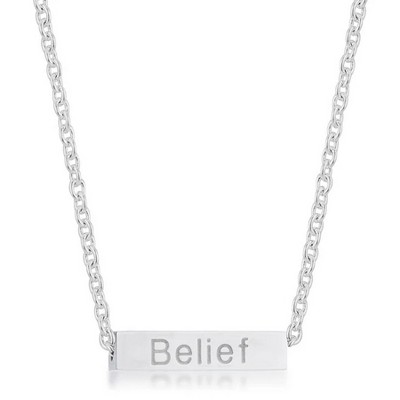 ShineHigh Luck Rhodium Stainless Steel Bar Script Necklace with "Belief" Engraving – Minimalist Inspirational Jewelry for Women