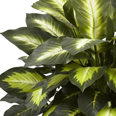 Compact Golden Leaf Dieffenbachia Silk Plant with Traditional Wooden Vase