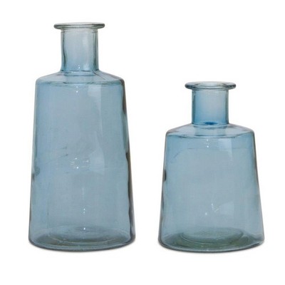Set of 2 Blue Glass Tapered Bottle Vases