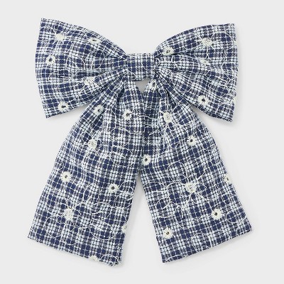 Gingham Check Long Tail Hair Bow - Universal Thread™ Navy Blue: Fashion Barrette, Classic Pattern,