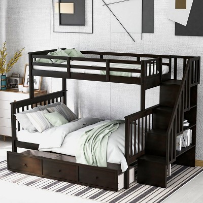 Streamdale Stairway Twin-Over-Full Bunk Bed With Drawer, Storage And Guard Rail Espresso