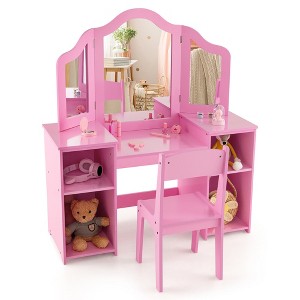 Tangkula Kids Vanity 2 in 1 Princess Makeup Desk & Chair Set Safe Tri-fold Mirror - 1 of 4