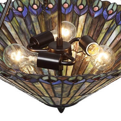 Elegant Peacock Feather 24.5" Bronze & Glass Pendant Light