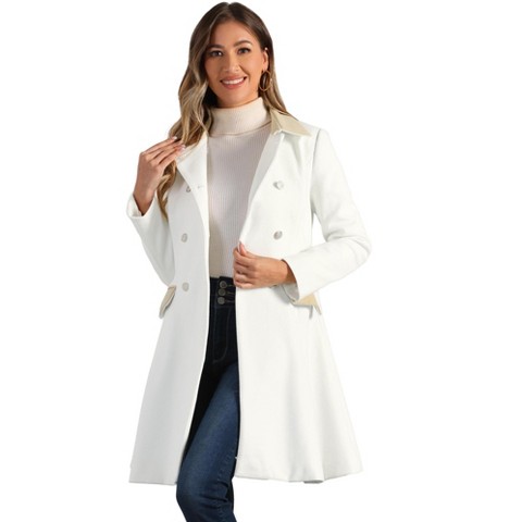 Allegra K Women's Winter Double Breasted Vintage Velvet Contrast Collar Overcoat Large Cream White