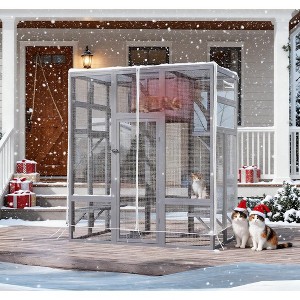 Sandinrayli Extra Large Cat Catio - 4-Way Pet Door, Outdoor Wood Insulation Condo, Patio Window Attach w/Weatherproof PVC Cover (Gray) - 1 of 4