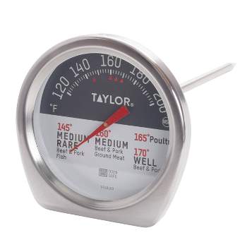 Taylor Instant Read Analog Meat Food Grill BBQ Cooking Kitchen Thermometer with Red Pocket Sleeve for Calibration, 1 inch Dial, Stainless Steel