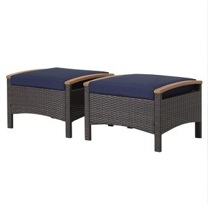Tangkula Outdoor PE Wicker Ottoman Set of 2 Patio Rattan Footrest Seat with Soft Cushions & Curved Acacia Wood Handles Beige/Navy Blue/Red/Off White - 1 of 4