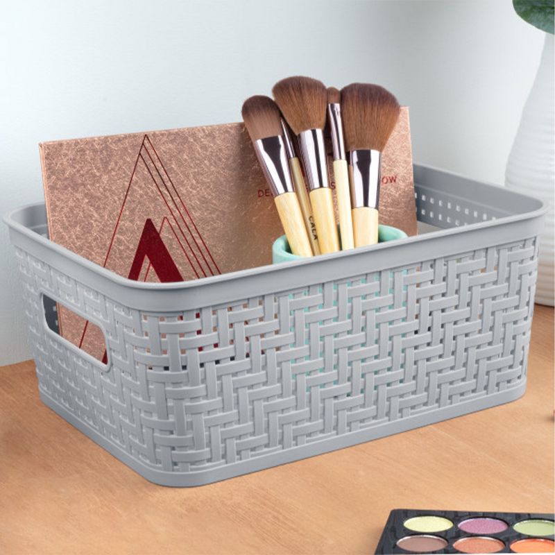 Sterilite 10x8x4.25 Inch Rectangular Weave Pattern Short Basket with Handles for Pantry, Bathroom & Laundry Room Storage Organization, Cement (8 Pack), 3 of 7