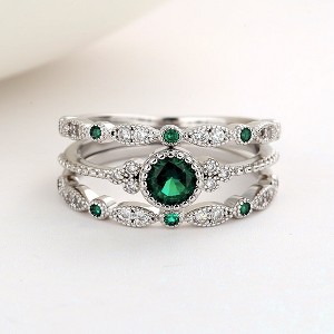 14K White Gold Emerald Bezel French Miligrain Ring Set - 1 of 3