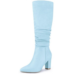 BLISSFUL STEP Wrinkled Pointed Toe Chunky Heel Knee High Boots for Women - 1 of 4