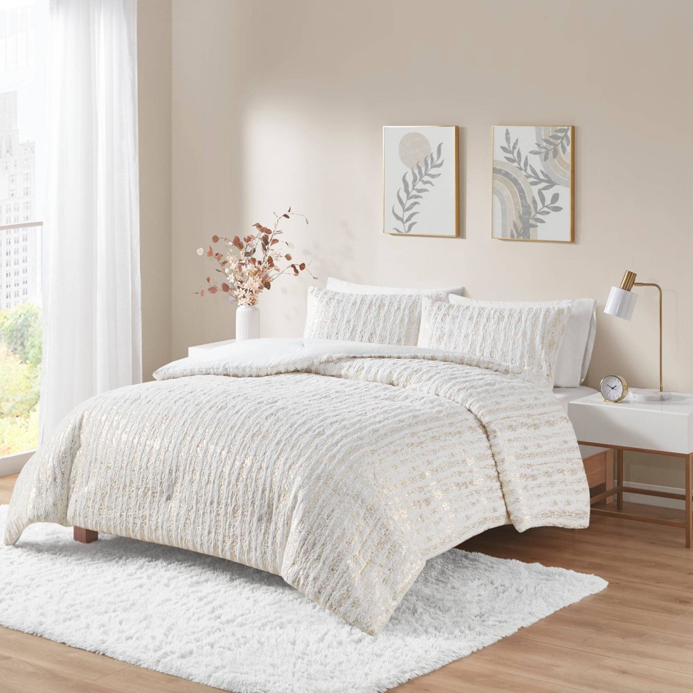 Photos - Bed Linen Twin/Twin Extra Long Madelyn Metallic Print Faux Fur Comforter Set White/G