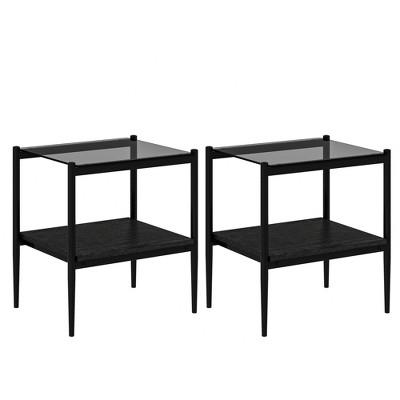 VYNXARIA Set of 2 Rectangle Brown End Table, Tempered Glass Tabletop with MDF layer, Modern Table for Living Room