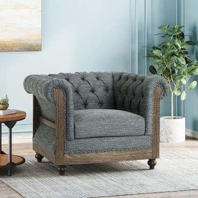 TOAOTBNBO Cozy Accent Chair with Button Tufting and Nail-head Trim, Upholstered Armchair with Wood Legs, Club Chair for Bedroom, Gray