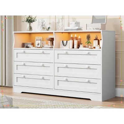Modern White Wood Dresser, 55" Wide 6 Drawer Chest with LED Light & Spacious Storage