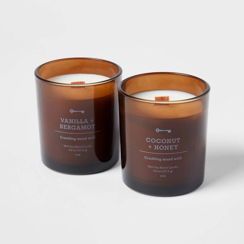 Set of 2 4.5oz Wooden Wick Amber Glass Candle Gift Set Coconut and Honey &#38; Vanilla and Bergamot - Threshold&#8482;, 3 of 4