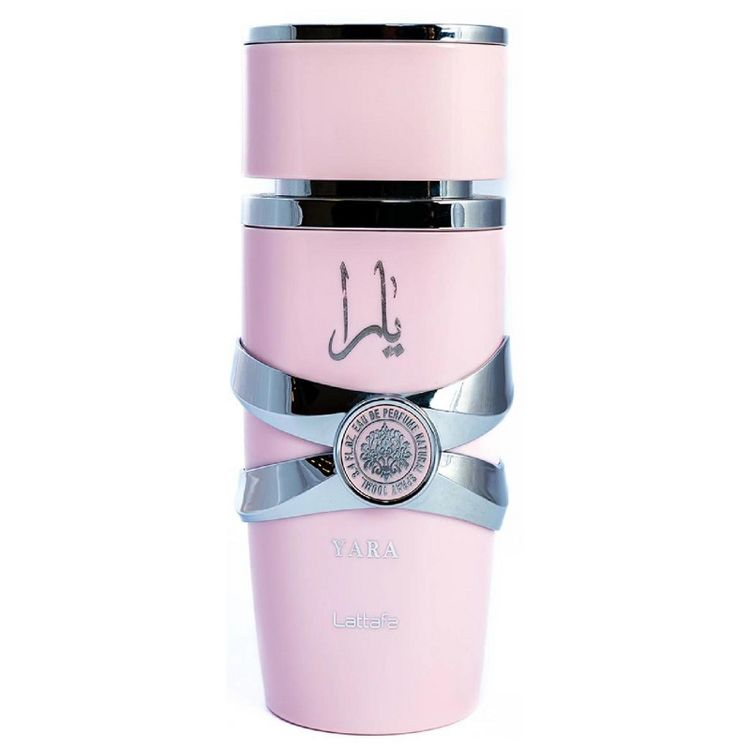 Pink colored perfume bottle with silver accents, featuring the text "YARA" and "Lattafa."