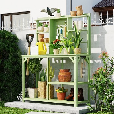 64.6" Large Outdoor Potting Bench, Garden Potting Table, Wood Workstation with 6-Tier Shelves, Large Tabletop and Side Hook for Mudroom,Green