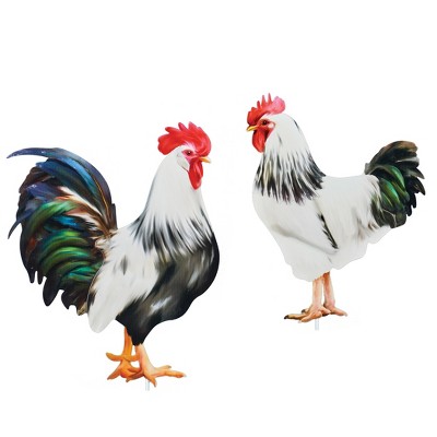Collections Etc Colorful Realistic Barnyard Rooster Garden Stakes - Set of 2