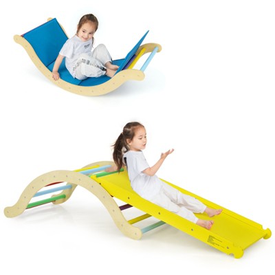 Safstar 3-in-1 Kids Climber Set Wooden Arch Triangle Rocker w/ Ramp & Blue Mat