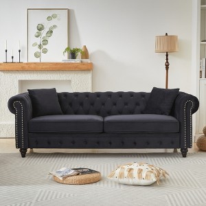 85.5" Velvet Chesterfield 3-Seater Sofa with Rolled Arms and Button Design, Includes 2 Cushions, Solid Wood Frame with Wooden Legs for Apartment - 1 of 4
