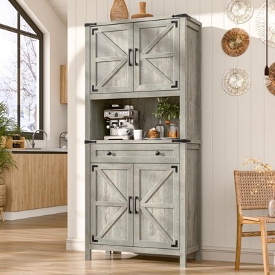 Tall Farmhouse Storage Cabinet, 6 Tier Kitchen Pantry Organize, Microwave Stand
