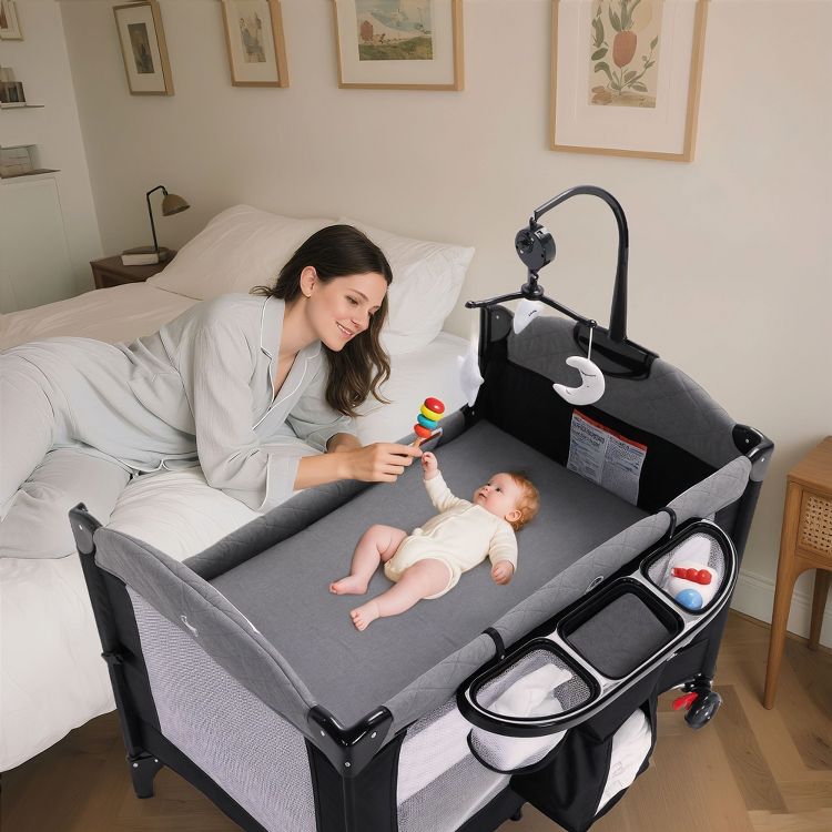 kinder king 4-in-1 portable baby playard and bedside crib with bassinet, changing table, storage basket, side zipper