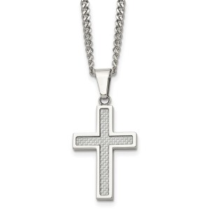 Black Bow Jewelry Stainless Steel & Gray Carbon Fiber Small Cross Necklace, 20 Inch - 1 of 4