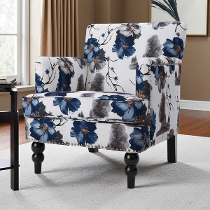 Floral Fabric Contemporary Tufted Club Chair with Turned Birch Wood Legs - 1 of 4