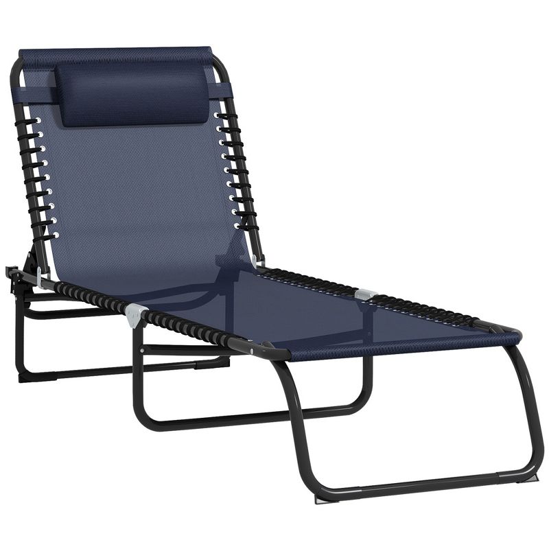 Folding Chaise Lounge Pool Chair with 4-Position Reclining Back, Pillow, Breathable Mesh & Bungee Seat, 1 of 12