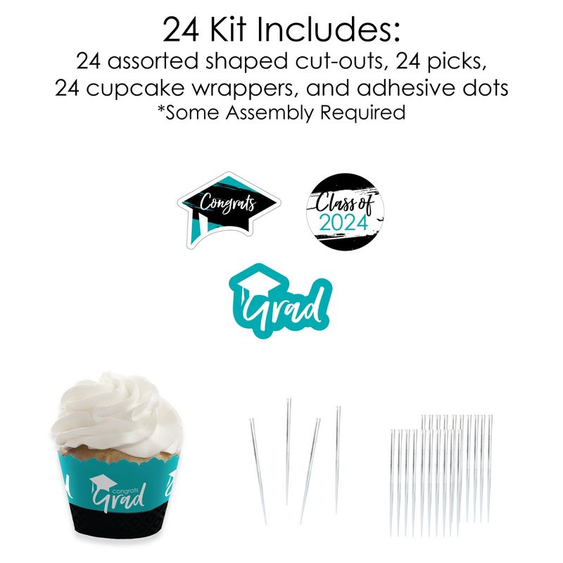 Big Dot of Happiness 2024 Teal Graduation Cupcake Decoration - Party Cupcake Wrappers and Treat Picks Kit - Set of 24, 5 of 8