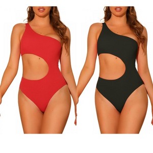 Elerevyo Women's One Shoulder Monokini Asymmetric Waist Cutout Solid Swimwear Bathing Suit 2 Sets - 1 of 4
