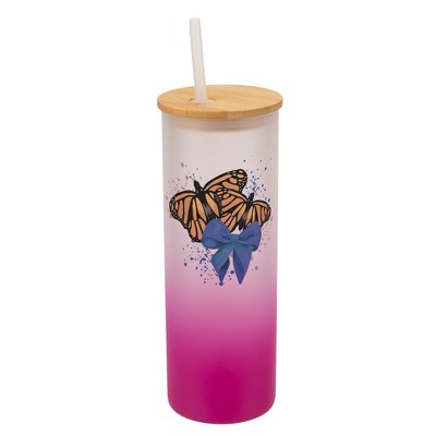 Elanze Designs 25 Ounce Frosted Glass Gradient Travel Tumbler With Straw and Wooden Lid, Orange Monarch Butterflies Pink