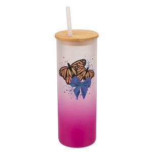 Elanze Designs 25 Ounce Frosted Glass Gradient Travel Tumbler With Straw and Wooden Lid, Orange Monarch Butterflies Pink - 1 of 1