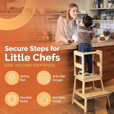 Natural Pine 2-Step Kids Kitchen Stool with Safety Rail