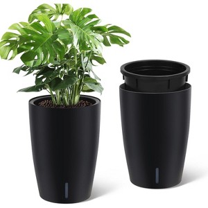 1-Pair Black Self-Watering Planters – 21.7” Tall, Water Level Gauge, Tall-Round Series – For Large Plants - 1 of 4