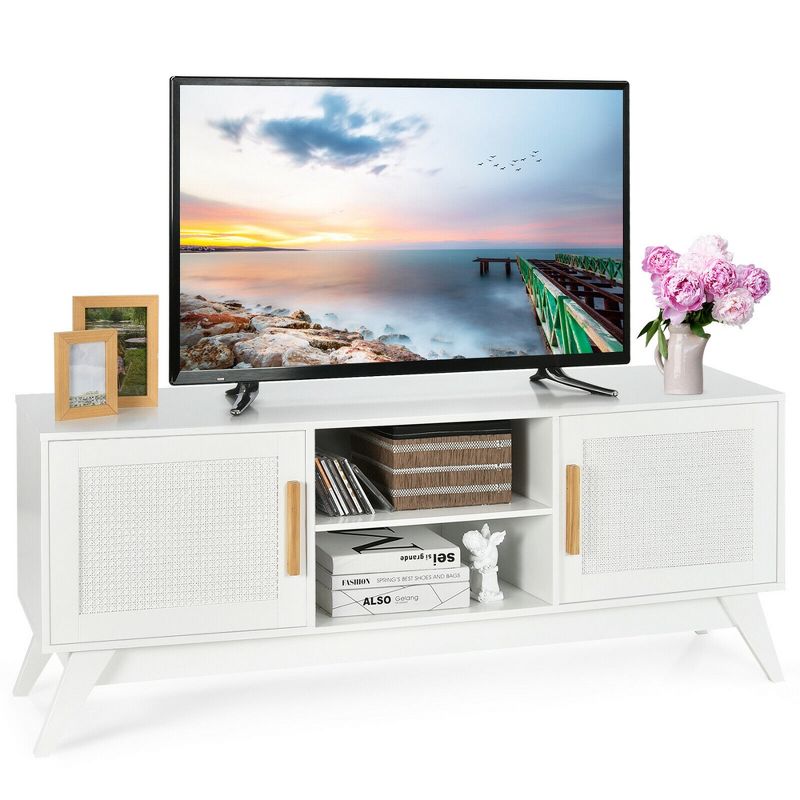 Costway TV Stand Entertainment Media Console w/ 2 Rattan Cabinets & Open Shelves, 1 of 14