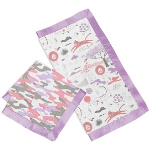 Bacati - Jungle Safari Camo Girls Muslin 2 pack Security Blankets Coral Lilac Gray - 1 of 4