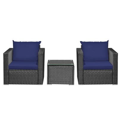 Tangkula 3PCS Rattan Patio Conversation Furniture Set Outdoor w/ Navy Cushions
