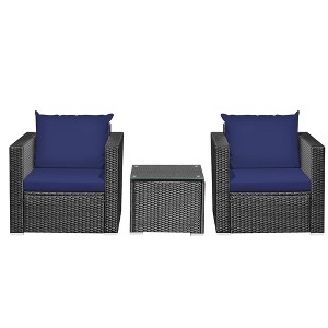 Tangkula 3PCS Rattan Patio Conversation Furniture Set Outdoor w/ Navy Cushions - 1 of 4