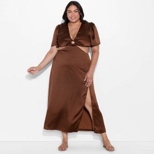 Women's Flutter Sleeve Satin Cap Maxi Bodycon Dress - Wild Fable™ Dark Brown - 1 of 3
