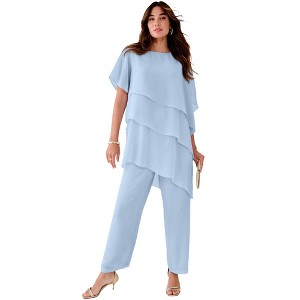Roaman's Plus-Size 2 Piece Tierred Ruffle Top And Pant Set - 1 of 4
