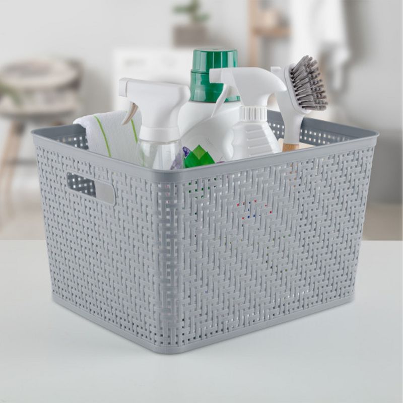 Sterilite 14"Lx8"H Rectangular Weave Pattern Tall Basket w/Handles for Bathroom, Laundry Room, Pantry, & Closet Storage Organization, Cement (18 Pack), 4 of 7