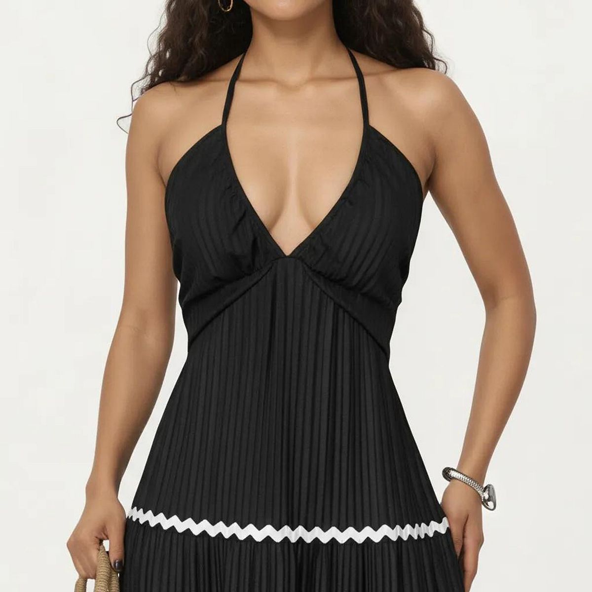 Anna-Kaci Women's Halter Neck Maxi Dress with Pleated Skirt and Tiered Trim Detail - thumbnail 5