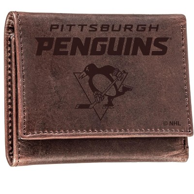 Evergreen NHL Pittsburgh Penguins Brown Leather Trifold Wallet Officially Licensed with Gift Box